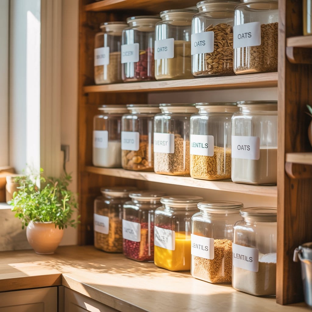 Labeled glass jars for pantry